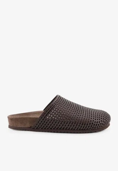 Brunello Cucinelli Crystal Mesh Flat Mules In Brown