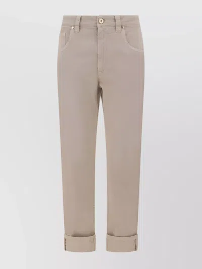 Brunello Cucinelli Cuffed Hem Dyed Cotton Trousers In Brown
