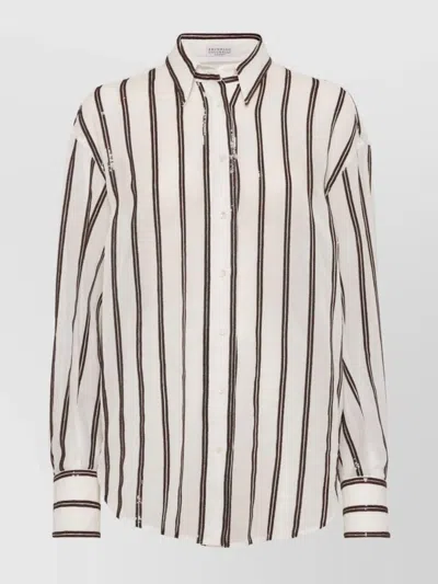 Brunello Cucinelli Cuffed Sleeves Striped Cotton Shirt In White