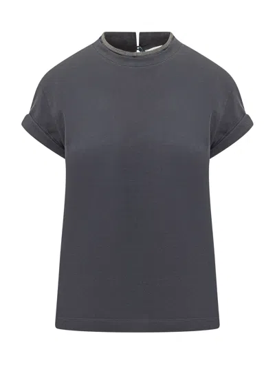 Brunello Cucinelli Cut Sleeve Giro Neck Knit Top In Black