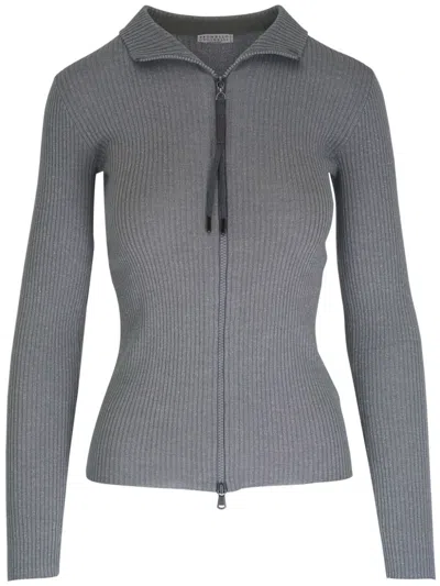Brunello Cucinelli Cutaway Collar Zipped Cardigan In Grey
