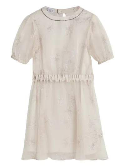 Brunello Cucinelli Kids' Daisy-print Silk Dress In Neutral