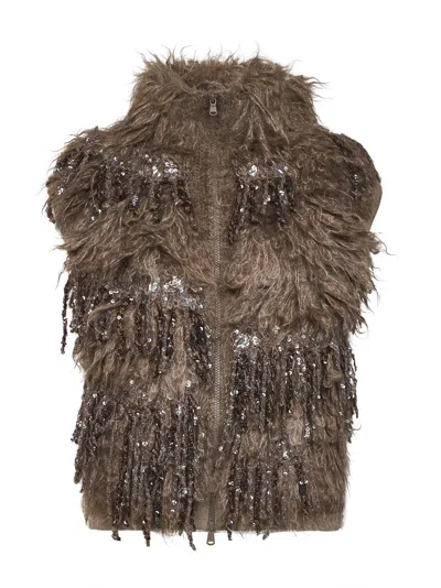 Brunello Cucinelli Dark Beige Sequin-embellished Long-hair Knit Vest In Brown