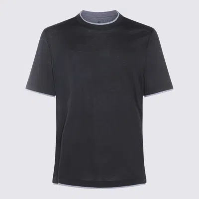 Brunello Cucinelli Dark Blue Silk And Cotton T-shirt In Black