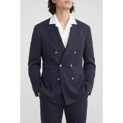 Brunello Cucinelli Dark Blue Silk Double Breasted Blazer
