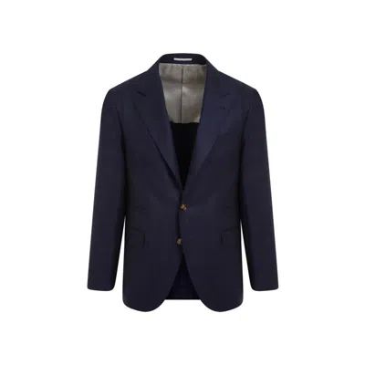 Brunello Cucinelli Dark Blue Virgin Wool Single Breasted Jacket In Black