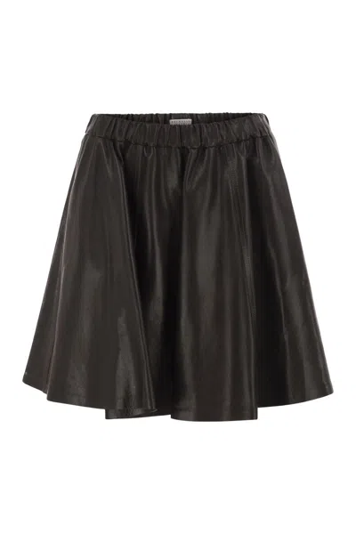 Brunello Cucinelli Dark Brown  Flared Mini Circle Skirt Crafted In Polished Nappa