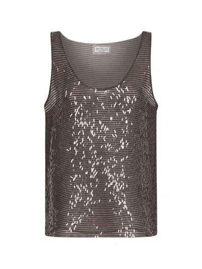 Brunello Cucinelli Women Dark Brown Crispy Silk Dazzling Cascade Embroidery Top