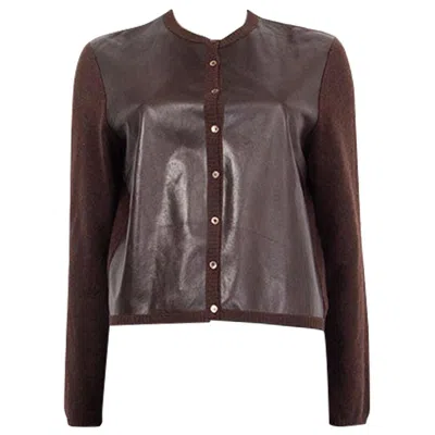 Pre-owned Brunello Cucinelli Dark Brown Leather & Cashmere Cardigan Sweater L
