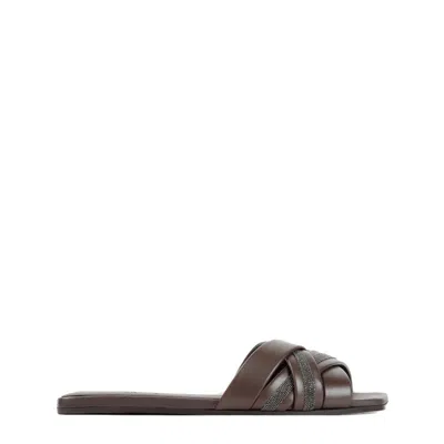 Brunello Cucinelli Dark Brown Leather Sandals In Grey