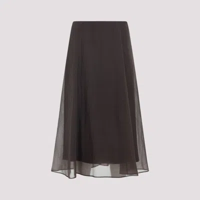BRUNELLO CUCINELLI DARK BROWN SILK MIDI SKIRT