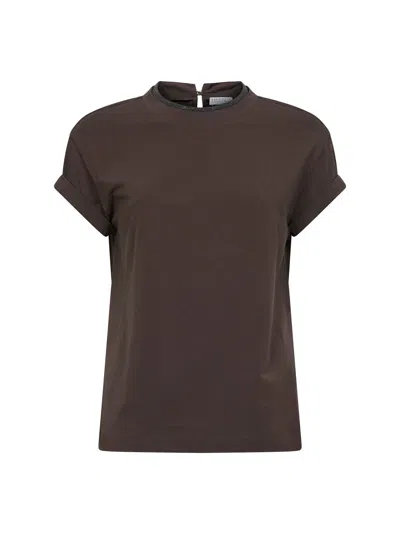 Brunello Cucinelli Dark Brown Stretch Jersey T-shirt With Monili