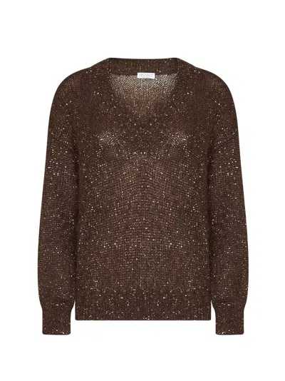 Brunello Cucinelli Dark Chocolate Dazzling Half-engligh Rib Sticth Cotton Knit Sweater In Brown
