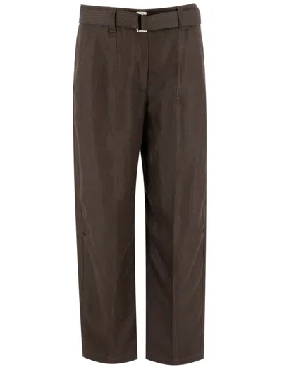 Brunello Cucinelli Dark Chocolate Linen Trousers With Practical Belt In Brown