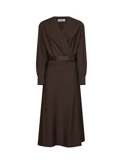 Brunello Cucinelli Dark Chocolate Stretch Canvas Belted Midi Dress In Brown