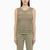 BRUNELLO CUCINELLI DARK GREEN PERFORATED COTTON-BLEND TANK TOP