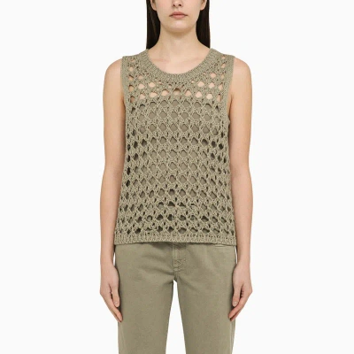 Brunello Cucinelli Dark Green Perforated Cotton-blend Tank Top In Multicolor