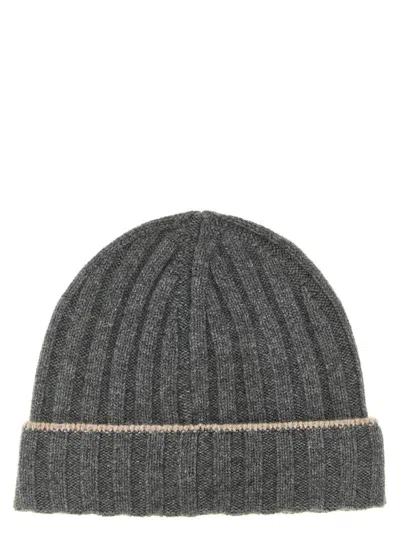 Brunello Cucinelli Dark Grey Knitted Beanie Hat In Gray