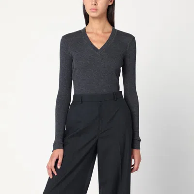 Brunello Cucinelli Dark Grey Ribbed Wool Sweater In Gray