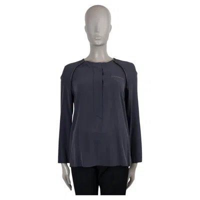 Pre-owned Brunello Cucinelli Dark Grey Silk Monili Trim Blouse Shirt M In Gray