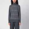 Brunello Cucinelli Grey High Neck Sweater With Stripe Motif In Alpaca Blend Woman In Grey