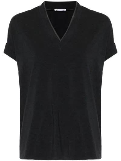 Brunello Cucinelli Dark Grey V-neck Cotton T-shirt In Black