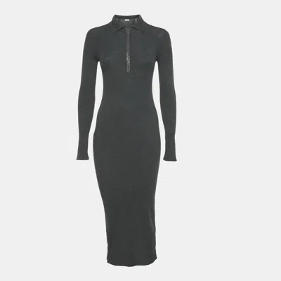 Pre-owned Brunello Cucinelli Dark Grey Wool Embellished Trim Sweater Midi Dress S In Gray