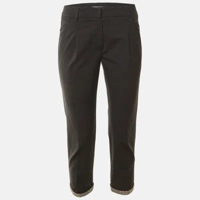 Pre-owned Brunello Cucinelli Dark Grey Wool Monili Embellished Cropped Trousers S In Gray