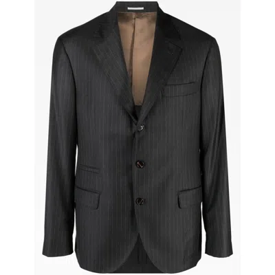 Brunello Cucinelli Dark Grey Wool Tailored Jacket In Animal Print
