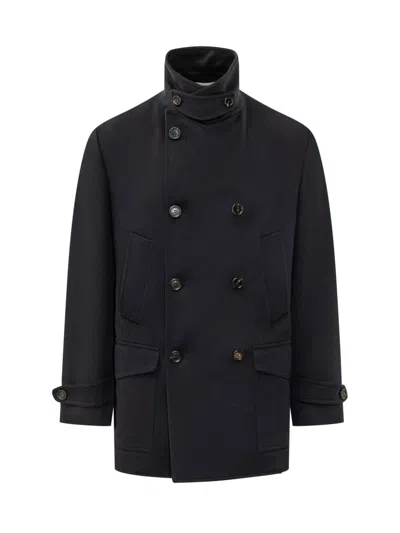 Brunello Cucinelli Dark Navy Double Breasted Coat In Blue