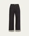 Brunello Cucinelli Dark-wash Wide-leg Cuffed Jeans In Black