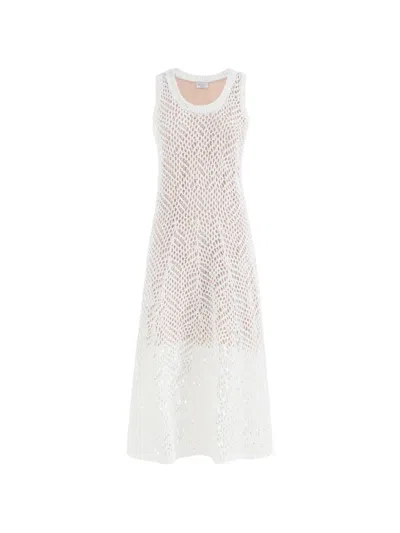 Brunello Cucinelli Dazzling Abstract Leaf Knit Dress In Linen In White