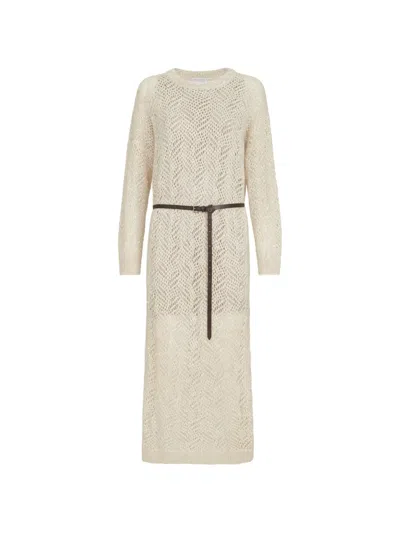 Brunello Cucinelli Dazzling Abstract Leaf Knit Dress In Mohair And Wool In Neutral