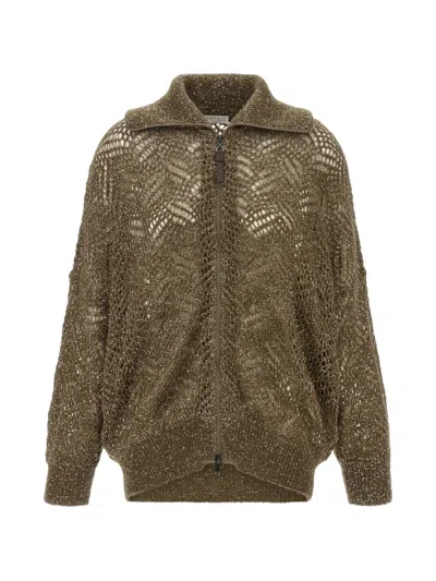 Brunello Cucinelli Dazzling Abstract Leaf Sequin-embellished Cardigan In Green