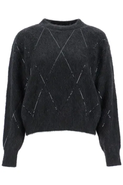 Brunello Cucinelli Pullover Con Dazzling Argyle Embroidery In Black
