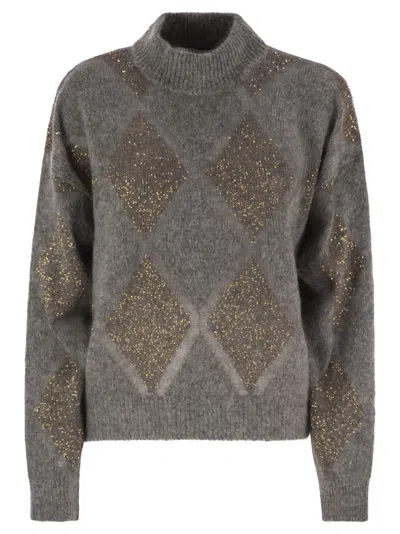 Brunello Cucinelli Dazzling Argyle Sweater In Wool And Mohair In Gray
