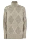 Brunello Cucinelli Dazzling Argyle Wool And Mohair Sweater In Pearl