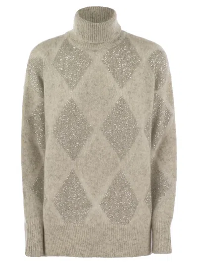 BRUNELLO CUCINELLI DAZZLING ARGYLE TURTLENECK SWEATER IN WOOL AND MOHAIR