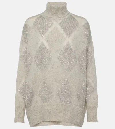 Brunello Cucinelli Grey High Neck Sweater With Dazzling Argyle Motif