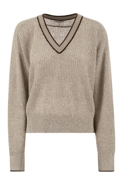 Brunello Cucinelli Dazzling Beige Linen Rib Knit Sweater For Women Ss24 In Burgundy