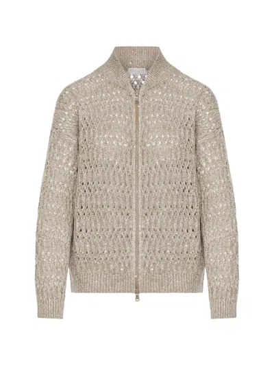 Brunello Cucinelli Dazzling Braids Zip-up Linen Cardigan In Brown
