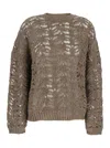 Brunello Cucinelli Dazzling Brown Round Neck Sweater With Open Stitch And Beaded Decorations In Linen Blend Woman In Multicolor