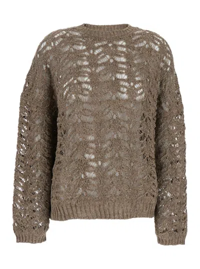BRUNELLO CUCINELLI 'DAZZLING' BROWN ROUND NECK SWEATER WITH OPEN STITCH AND BEADED DECORATIONS IN LINEN BLEND WOMAN