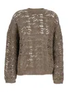Brunello Cucinelli Dazzling Brown Round Neck Sweater With Open Stitch And Beaded Decorations In Linen Blend Woman In Brown