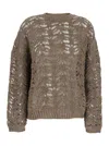 Brunello Cucinelli Dazzling Brown Round Neck Sweater With Open Stitch And Beaded Decorations In Linen Blend Woman In Brown