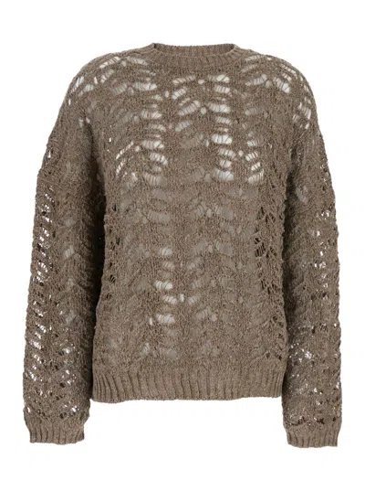 Brunello Cucinelli Dazzling Brown Round Neck Sweater With Open Stitch And Beaded Decorations In Linen Blend Woman