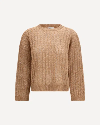 Brunello Cucinelli Dazzling Cable Linen Sweater With Openwork Ribbing In Brown
