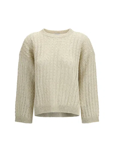 Brunello Cucinelli Dazzling Cable Linen Sweater With Openwork Ribbing In Neutral