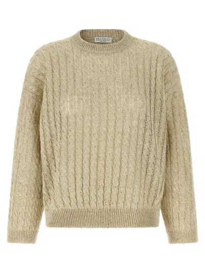 Brunello Cucinelli Cable Knit Crew Neck Sweater Long Sleeves In Neutral
