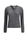 Brunello Cucinelli Textured Ribbed V-neck Sweater With Sparkling Details In Gray
